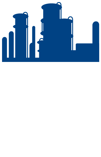 Blue industrial plant icon symbolizing chemical and process industry infrastructure with distillation towers and piping systems.