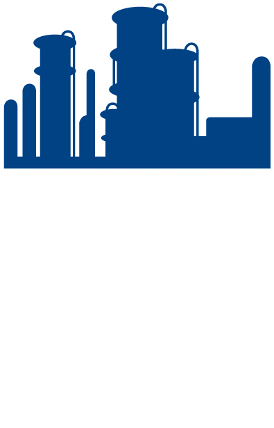 Blaues Icon einer Industrieanlage als Symbol für Chemie- und Prozessindustrie mit Destillationstürmen und Rohrleitungssystemen.