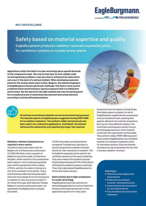 Safety based on material expertise and quality. Radio-resistant EJ for ventilation system in nuclear power plants. Case Study. Solution.