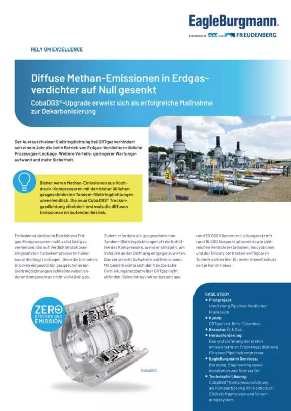 Diffuse Methan-Emissionen in Erdgasverdichter auf Null gesenkt. CobaDGS-Upgrade. Dekarbonisierung. GRTgaz Voisines. Case Study. Solution.