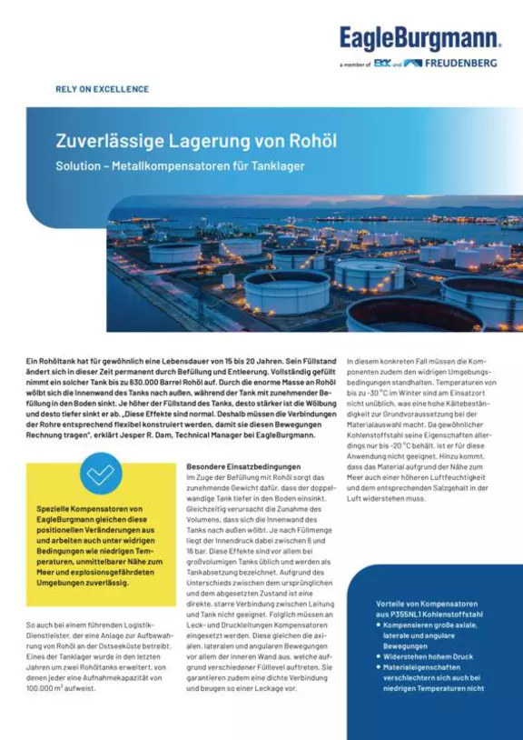 Zuverlässige Lagerung von Rohöl. Metallkompensator für Tanklager. Case Study. Solution.