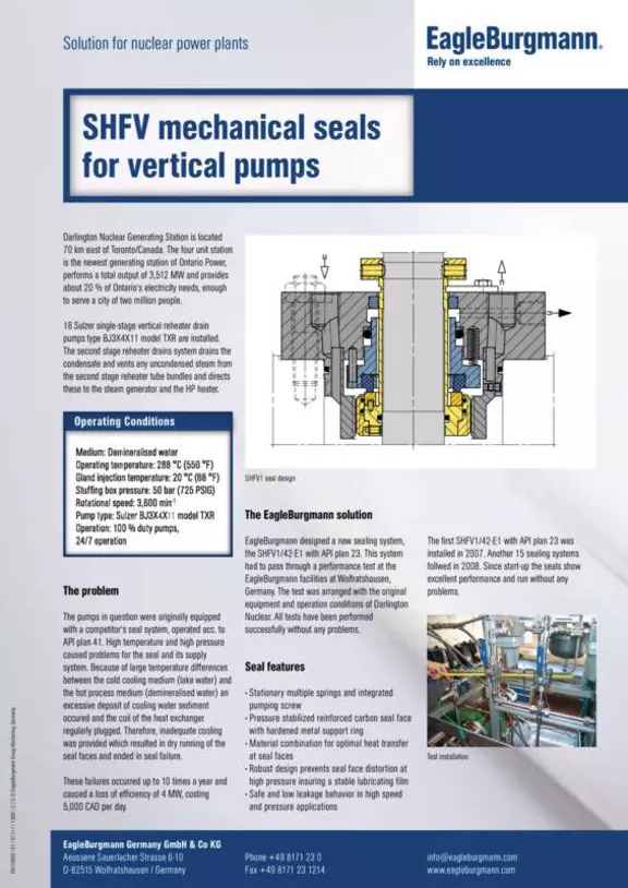 SHFV mechanical seals for vertical pumps in nuclear power plants. Darlington Nuclear Generating Station, Toronto, Canada.