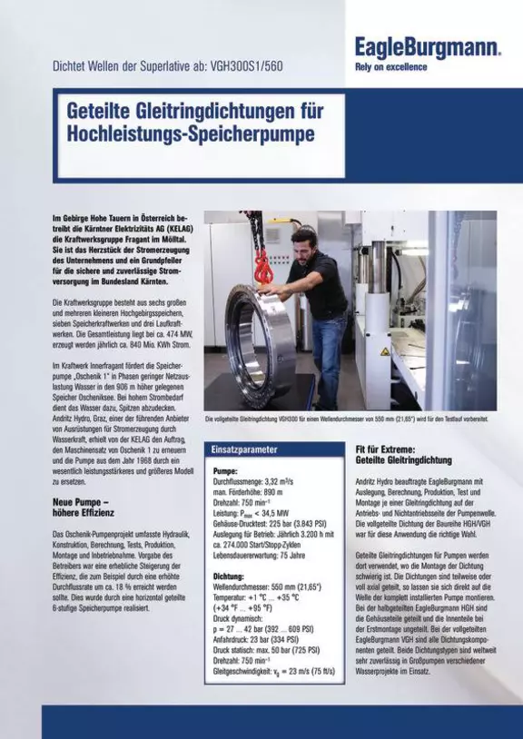 Geteilte Gleitringdichtungen für Hochleistungs-Speicherpumpe. VGH300S1/560. Fragant. KELAG, Austria. Case Study. Solution.