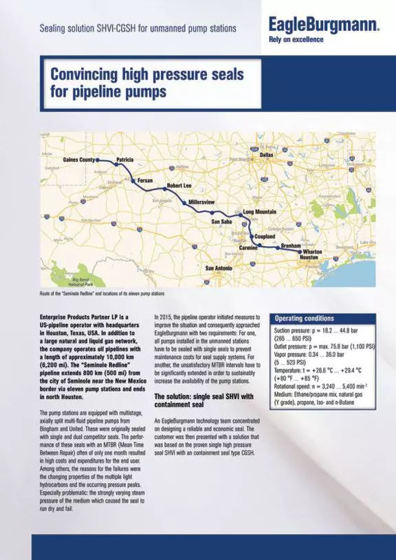SHVI-CGSH. Convincin high pressure seals for pipeline pumps. unmanned pump station. USA. Case Study. Solution.