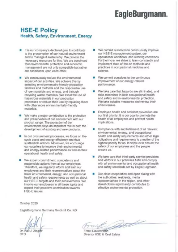 HSE Policy, Health Safety Environment Energy, EagleBurgmann Germany GmbH & Co KG
