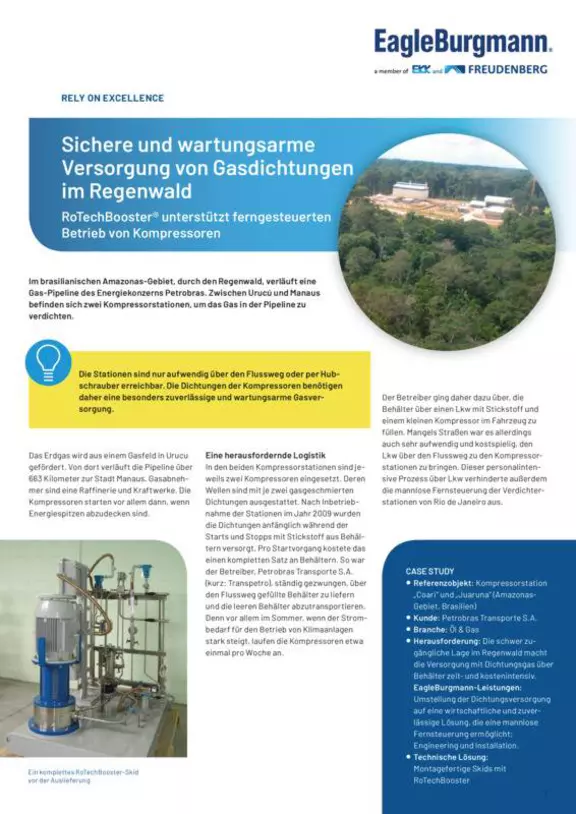 RoTechBooster. Sichere und wartungsarme Versorgung von Gasdichtungen im Regenwald. Petrobras. Brasilien. Amazonas. Case Study. Solution.