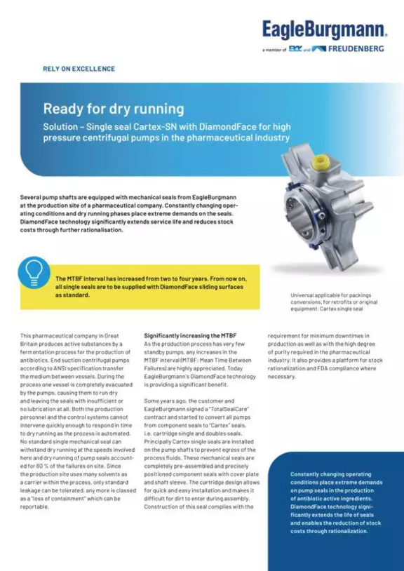 Ready for dry running. Cartex-SN with DiamondFace for high pressure centrifugal pumps. Pharma. Case Study. Solution.