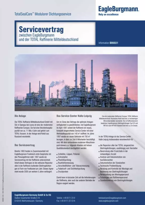 Servicevertrag zwischen EagleBurgmann und der TOTAL Raffinerie Mitteldeutschland
