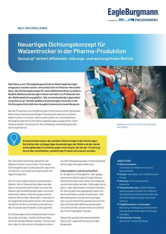 SeccoLip. Neuartiges Dichtungskonzept für Walzentrockern. Pharma. Case Study. Solution.