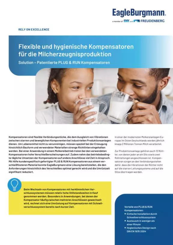 Flexible und hygienische Kompensatoren für die Milcherzeugnisproduktion. Plug & Run. Case Study. Solution.