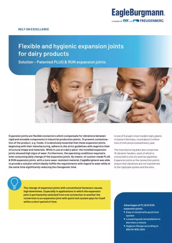 Flexible and hygienic expansion joints for dairy products. Plug & Run. Case Study. Solution.