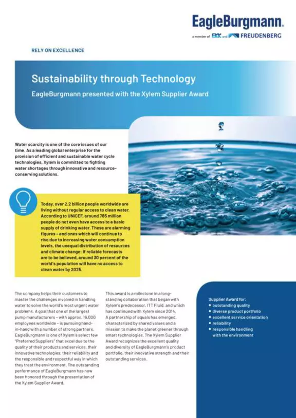 Sustainablility through technology. Xylem Supplier Award. Case Study. Solution. eMG.