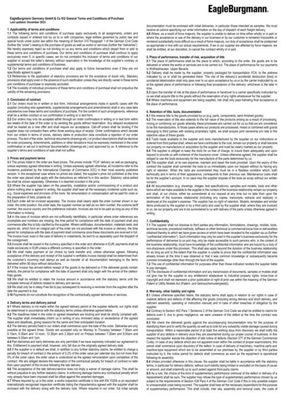 General Terms & Conditions of Purchase Germany
AEB EBG
EagleBurgmann Germany GmbH & Co KG General Terms and Conditions of Purchase