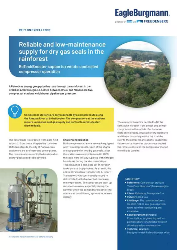 RoTechBooster. Reliable and low-maintenance supply for dry gas seals in the rainforest. Amazonas region. Case Study, Solution.