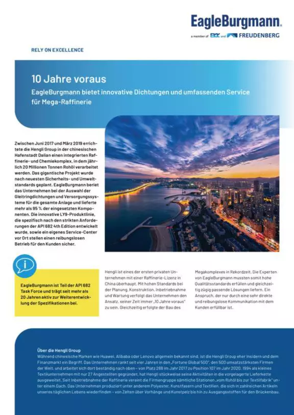 LY9. 10 Jahre voraus. Dichtungen und Service für Mega-Raffinerie. Hengli Group. API 4th edition. Case Study. Solution.