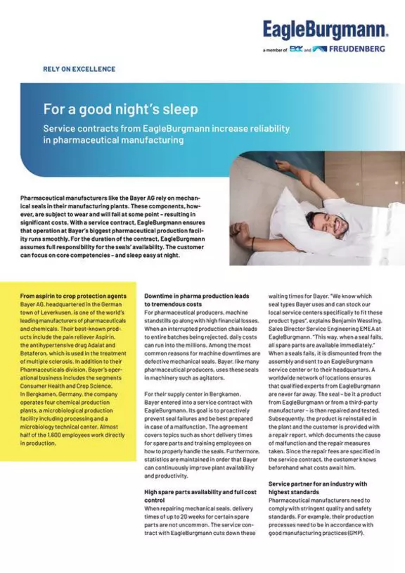For a good night's sleep. Service contracts from EagleBurgmann increase reliability i npharmaceutical manufacturing. Case Study. Solution. Bayer AG. Germany.