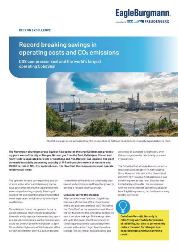CobaSeal Retrofit. Record breaking savings in operating costs and CO2 emissions. Kollsnes. Equinor. Norway. Case Study. Solution.