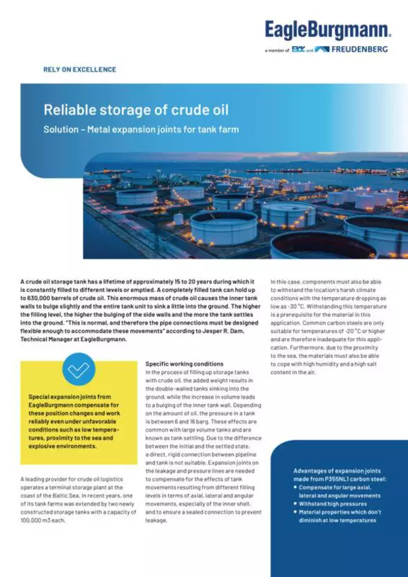 Reliable storage of crude oil Metal expansion joints for tank farm. Case Study. Solution.