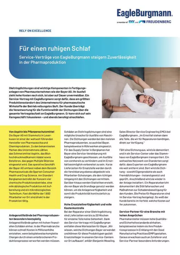 Für einen ruhigen Schlaf. Service-Verträge von EagleBurgmann steigern Zuverlässigkeit n der Pharmaproduktion. Case Study. Solution.