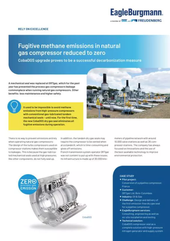 Fugitive methane emissions in natual gas compressor reduzed to zero. CobaDGS upgrade. Decarbonzation. GRTgaz Voisines. Case Study. Solution.