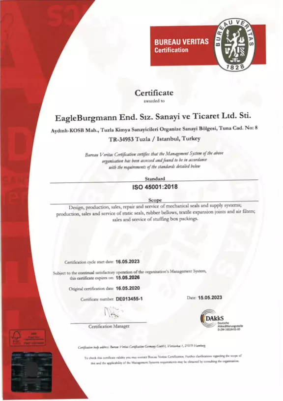ISO 45001:2018 certificate for EagleBurgmann End. Siz. Sanayi ve Ticaret Ltd. Sti. Expires 15.05.2026