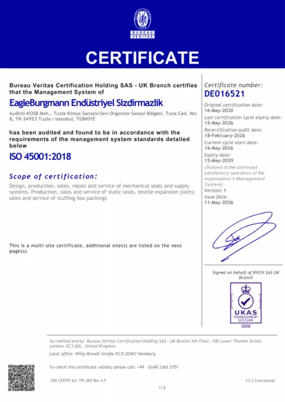 ISO 45001:2018 certificate for EagleBurgmann End. Siz. Sanayi ve Ticaret Ltd. Sti. Expires 15.05.2026