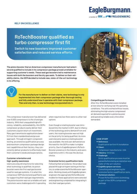 RoTechBooster qualified as turbo compressor first fit. Case Study. Solution. USA. Oil&Gas.