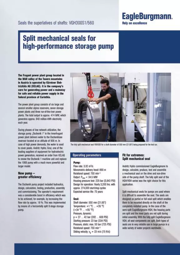 VGH300S1/560. KELAG. Austria. Fragant powerplant. Split mechanical seals for high-performance storage pump. Case study. Solution.