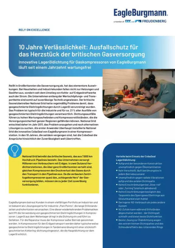 CobaSeal. 10 Jahre Verlässlichkeit: Ausfallschutz für das Herzstück der britischen Gasversorgung. Innovative Lageröldichtung für Gaskompressoren läuft seit einem Jahrzehnt wartungsfrei. Case Study. Solution.