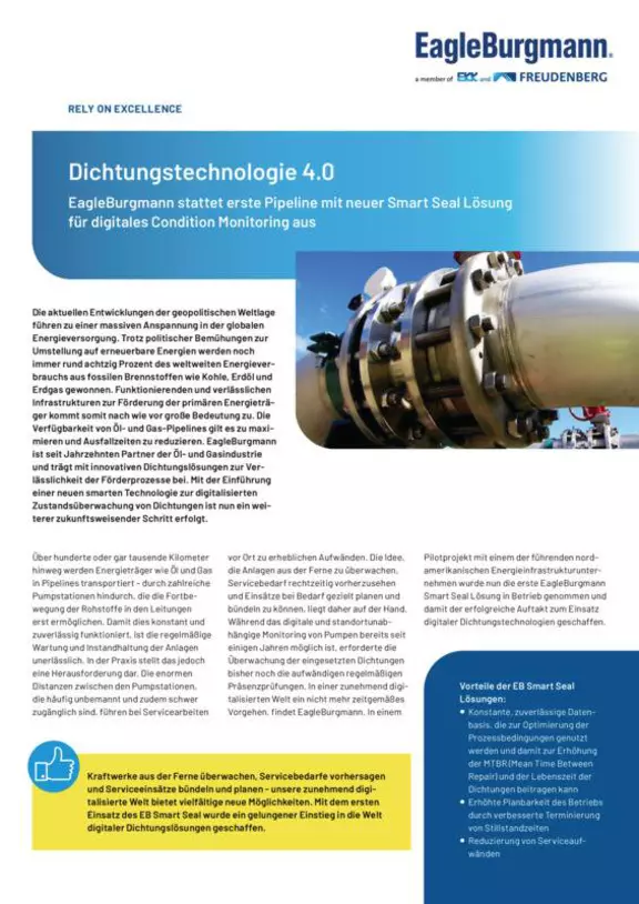 Dichtungstechnologie 4.0. Erste Pipeline mit neuer Smart Seal Lösung für digitales Condition Monitoring.  Case Study. Solution.