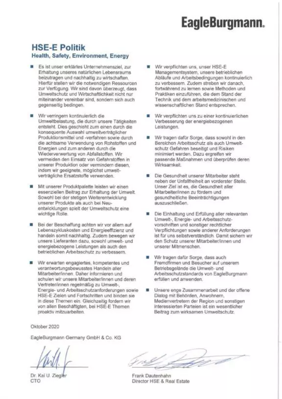 HSE Policy, Health Safety Environment Energy, EagleBurgmann Germany GmbH & Co KG