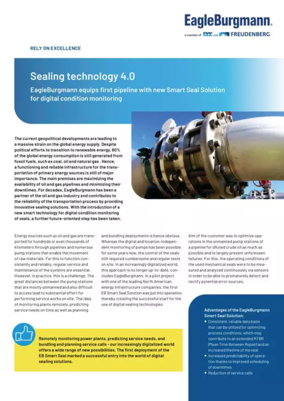 Sealing technology 4.0. EB equips first pipeline with new Smart Seal solution for digital monitoring.
solution