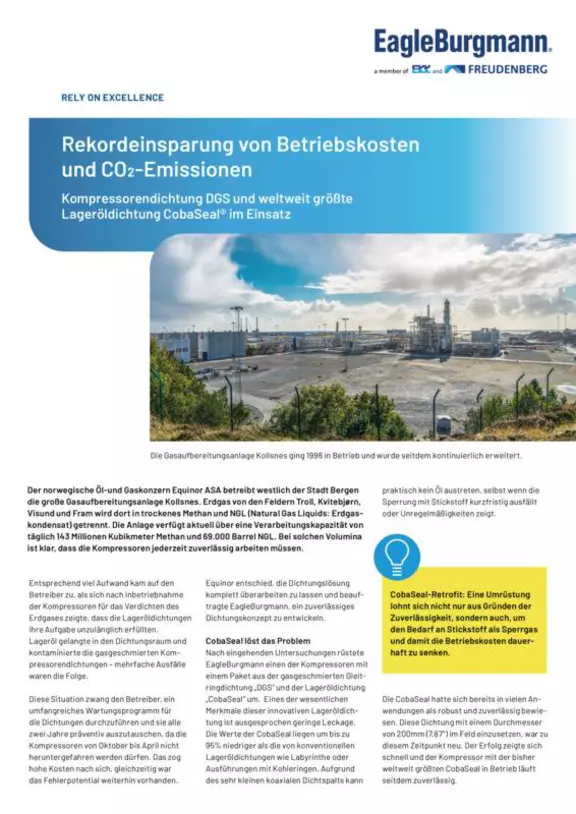Rekordeinsparungen von Betriebskosten und CO2-Emissionen. Kollsnes. Equinor. Norwegen. Case Study. Solution.