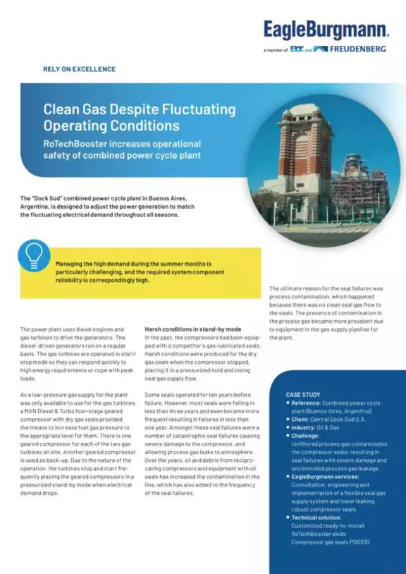 RoTechBooster. Clean gas despite fluctuation opterating conditions. Combined power cycle plant. Argentina. Central Dock Sud S.A. Case Study. Solution.