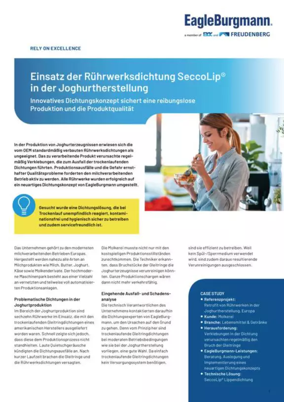 Einsatz der Rührwerksdichtung SeccoLip in der Joghurtherstellung. Case Study. Solution.