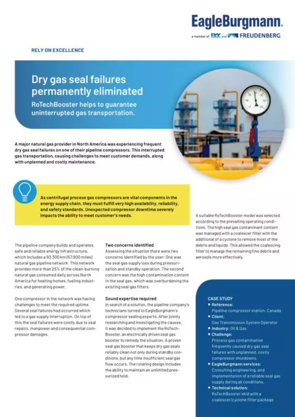 RoTechBooster. Dry gas seal failures permanently eliminated. Pipeline compressor station Canada. Case Study, Solution.