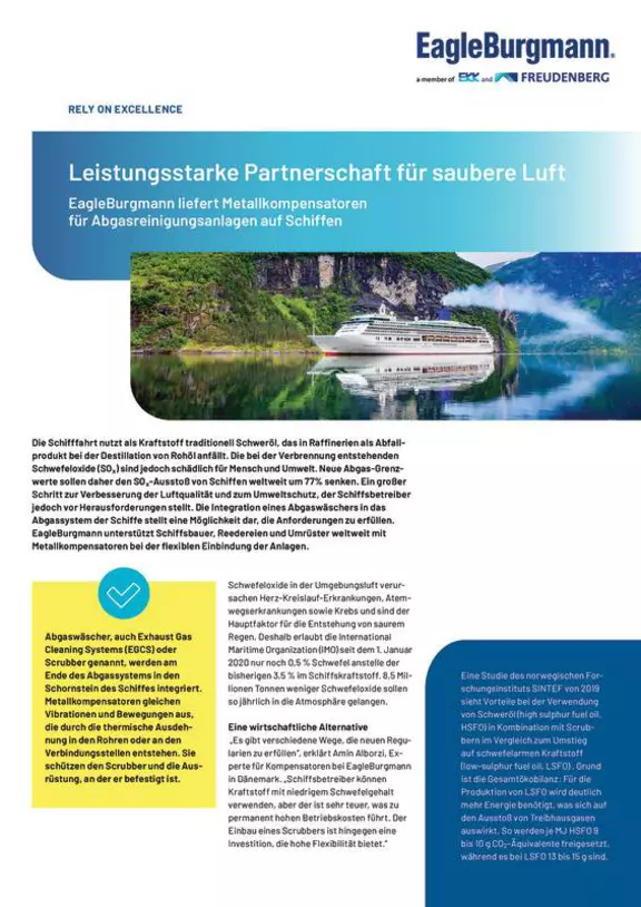Leistungsstarke Partnerschaft für saubere Luft. Metallkompensator für Abgasreinigung auf Schiffen. Abgaswäscher. Case Study. Solution.