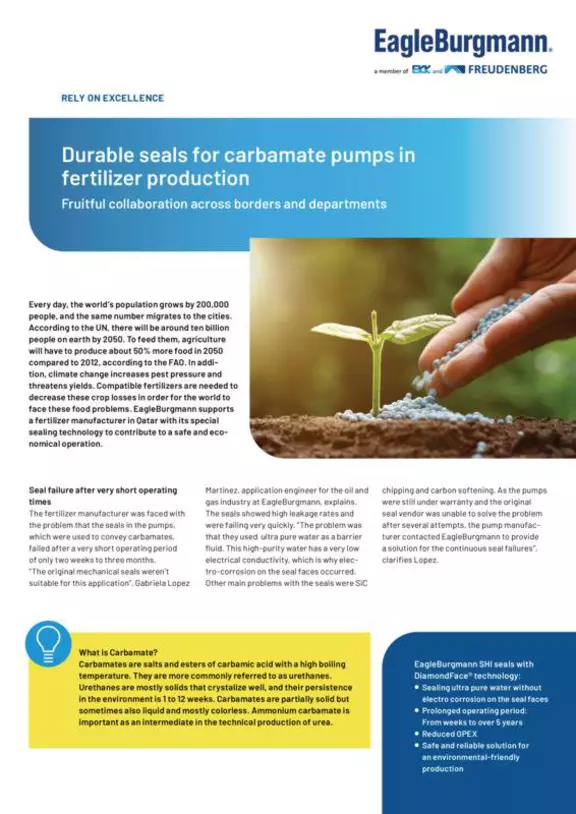 SHI. DiamondFace. Durabel seals for carbamate pumps in fertilizer production. Case Study. Solution.