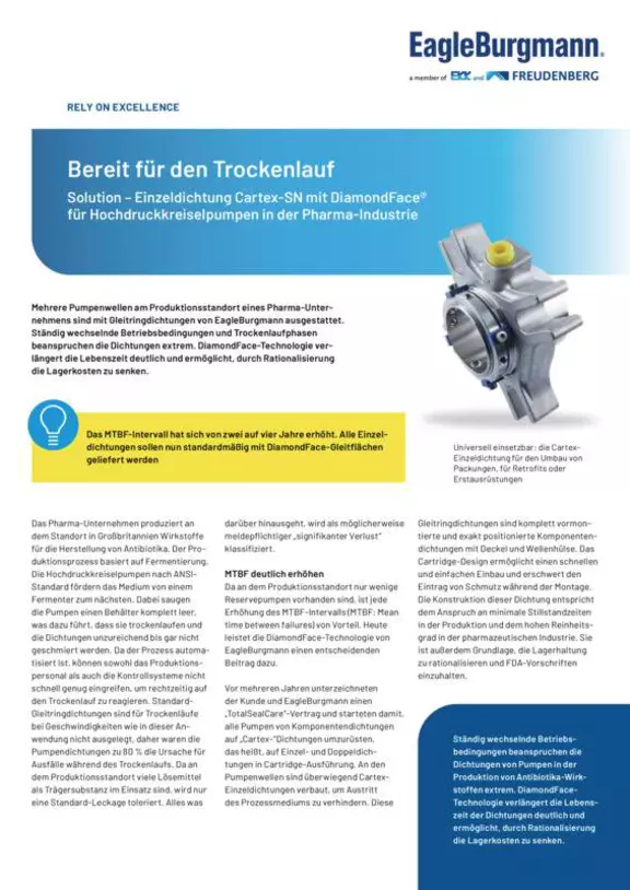 Bereit für den Trockenlauf. Cartex-SN mit DiamondFace für Hochdruckkreiselpumpen. Pharma. Case Study. Solution.