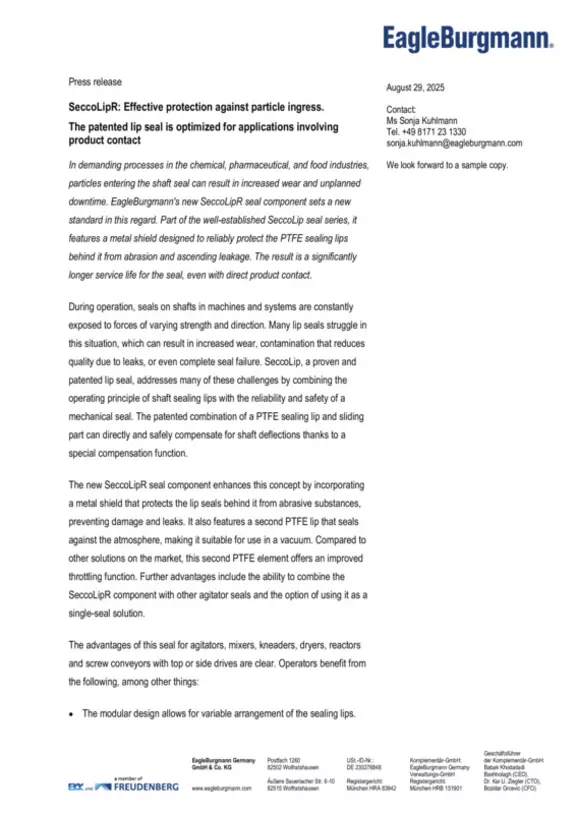 Press realease on SeccoLipR component. 2025-08-29.