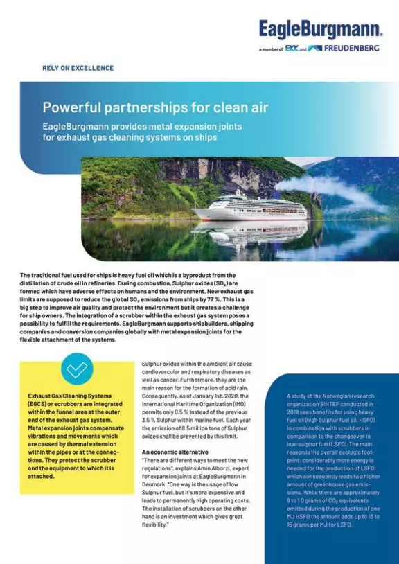 Powerful partnership for clean air. Metal expansion joints for exhaust gas cleaning system on ships. Case Study. Solution.