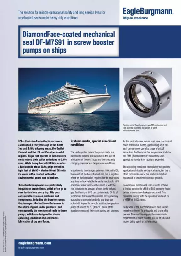 DiamondFace-coated mechanical seal DF-M7S91 in screw booster pumps on ships