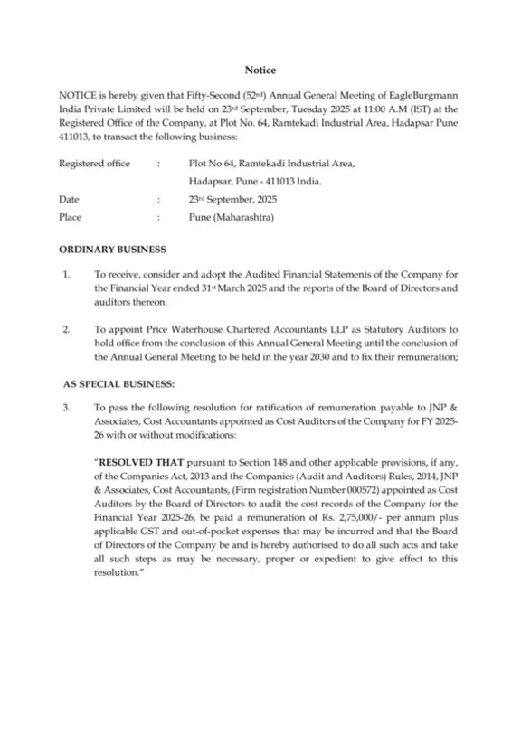 52nd AGM Notice 2025 EagleBurgmann India