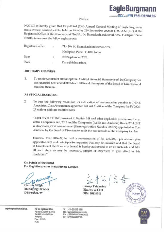 52nd AGM Notice 2025 EagleBurgmann India