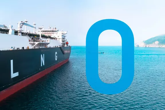 Liquefied Natural Gas (LNG) carrier ship on calm sea representing clean energy transport and zero-emission goals.