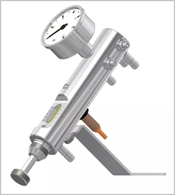 Industrial pressure and level measurement device with gauge and stainless steel housing in product view.