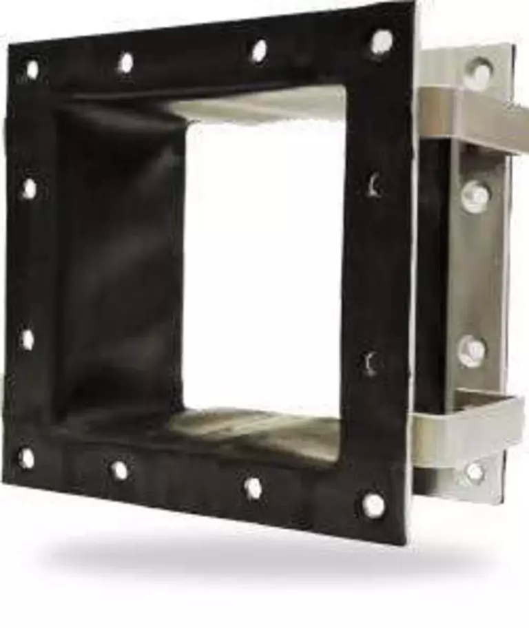 Rectangular fabric expansion joint with metal frame for flexible duct connections, vibration control, and thermal movement compensation.