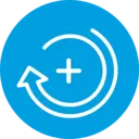 Blaues, kreisförmiges Symbol zum Hinzufügen oder Aktualisieren mit weißen Pfeilen und Pluszeichen für die Navigation in Benutzeroberflächen.