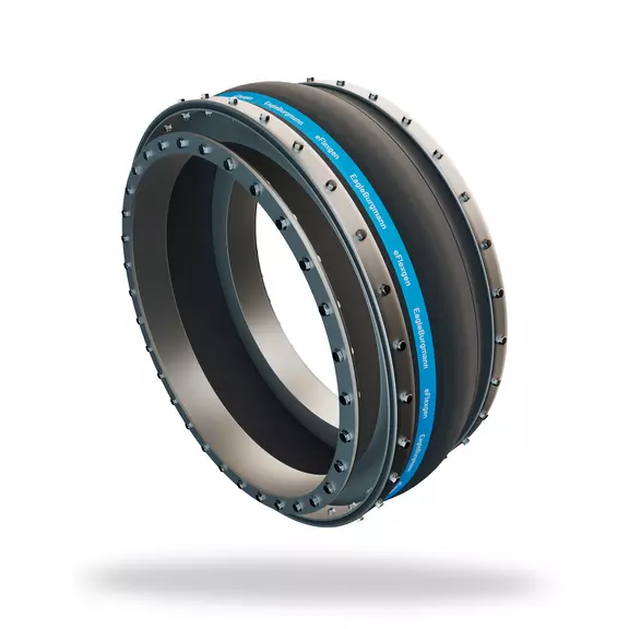 Industrial expansion joint seal with flange, bolted connections and flexible fabric element for piping systems.