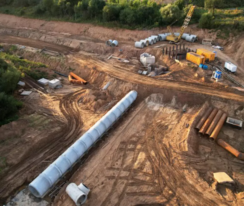 Construction site for underground water pipelines and infrastructure with heavy equipment and concrete pipes.
